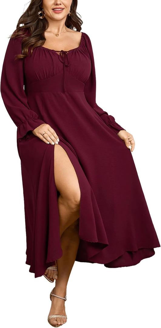 Women's Plus Size Milkmaid Dress Long Sleeve Square Neck Dress A-Line Flowy Maxi Wedding Guest Cocktail Formal Dresses (Burgundy) XXL
