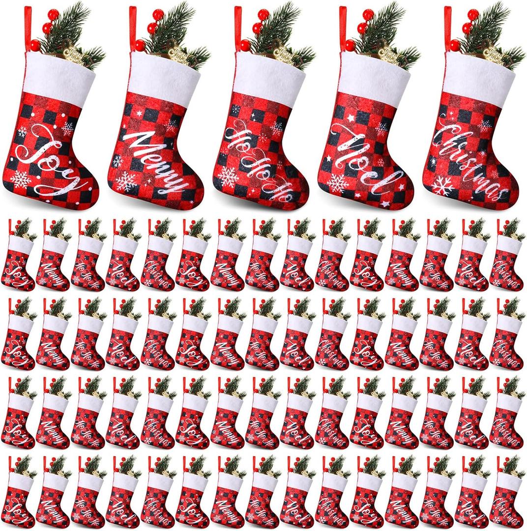Glimin 150 Pieces Mini Christmas Stockings Bulk 7 Inch Buffalo Plaid Small Snowflake Hanging Stockings for Xmas Tree Christmas Table Dinnerware Party Favors Supplies Decor(Classic Style)