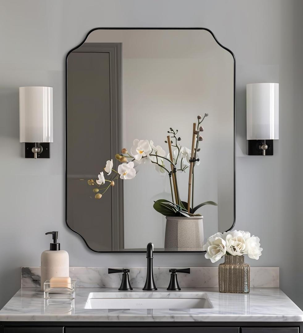ANDY STAR Unique Rectangle Wall Mirror, 24"x32" Black Mirror, Modern Mirror with Aesthetic Scalloped Edge Design Ideal for Bathroom, Bedroom or Entryway, Thin Frame Deep 1