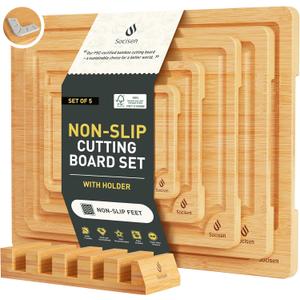 5 Packs Bamboo Cutting Board Set with Non Slip Feet Holder and Over Sink Nice Solid Thick Wood Juice Groove Chopping Board Small Big Xl XXl xlarge Oversized Kitchen Counter Organic Vegetable Meat Kit (Natural)