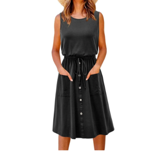Womens V Neck Sleeveless Button Down Tank Dress Summer Casual Drawstring Elastic Waist A-Line Swing Midi Dresses Size L