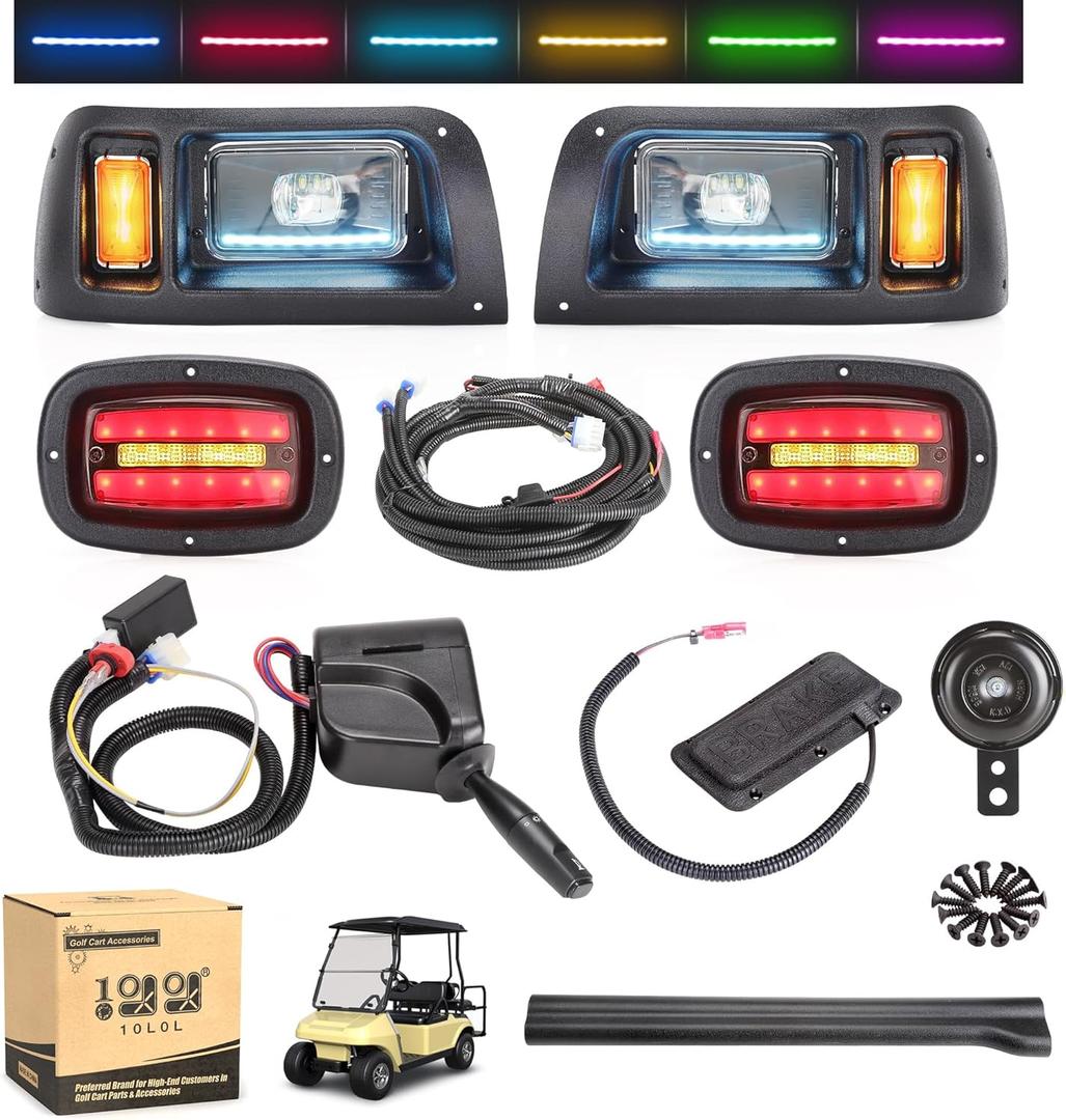 10L0L Deluxe Golf Cart Light Kit for Club Car DS 12V-60V, Full Headlight Taillight Kit with RGB Daytime Running Lamp Low High Beam Turn Signal Horn Brake Pad Hazard Blinker