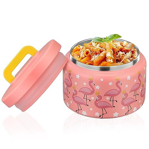 PIQUEBAR 8oz Kids Thermo for Hot Food,Small Lunch Thermos Food Container Stainless Steel,Easy Open Wide Mouth Thermo for Hot Cold Food for Preschool Travel (Pink Flamingos)