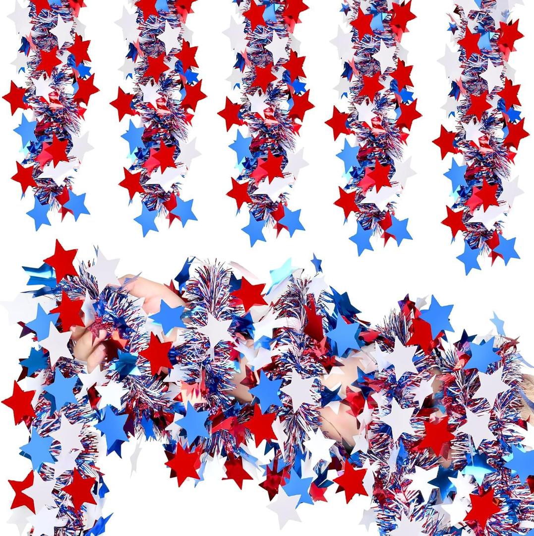 50FT 4th of July Patriotic Tinsel Garland, Glitter Tinsel Garlands with Red White Blue Star, Metallic Holiday Hanging Streamers for Memorial Day Independence Day Indoor Outdoor Party Dcor