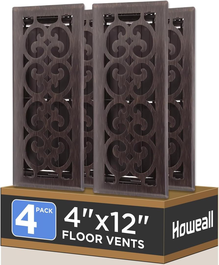 4x12 Inches 4 Pack Heavy Duty Walkable Floor Register - Easy Adjust Air Supply Lever Decorative Floor Vent Covers, Charlotte Design Vent Covers for Home - Oil Rubbed Bronze