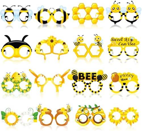 Threan 32 Pieces Bee Party Supplies Bulk Bee Glasses Honeycomb Sunflower Paper Eyeglasses for Summer Flower Birthday Party Baby Shower Costume Photo Booth Props Decorations Supplies