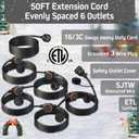 50FT Black Outdoor Extension Cord, Evenly Spaced 6 Outlets Plugs with Waterproof Cover, 16/3 SJTW Weatherproof Multiple Outlets Wire for Holiday Light and Halloween Christmas Decoration, ETL Listed