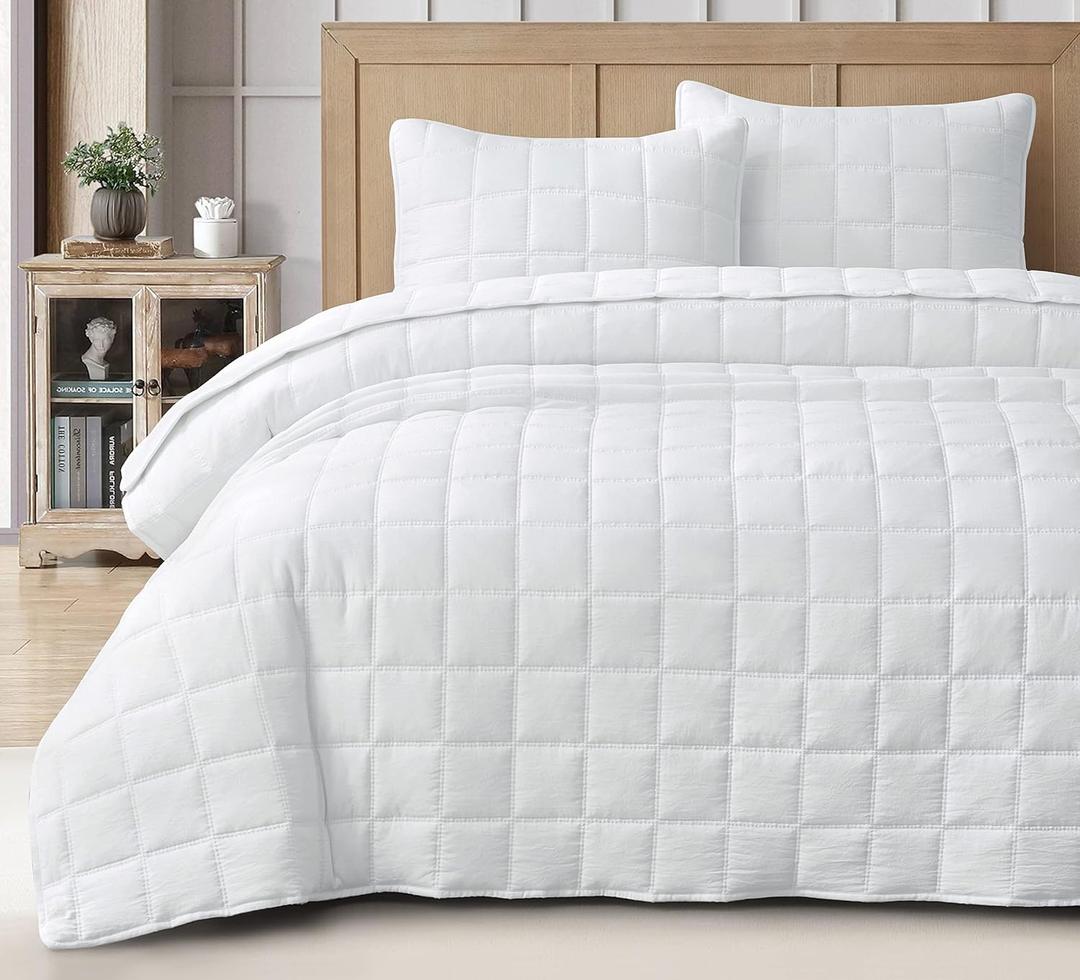Chezmoi Collection Branson 3-Piece White King Size Quilt Set - Stone-Washed Detailed Square Stitch Soft Microfiber Lightweight Quilted Bedspread Coverlet Set for All Seasons