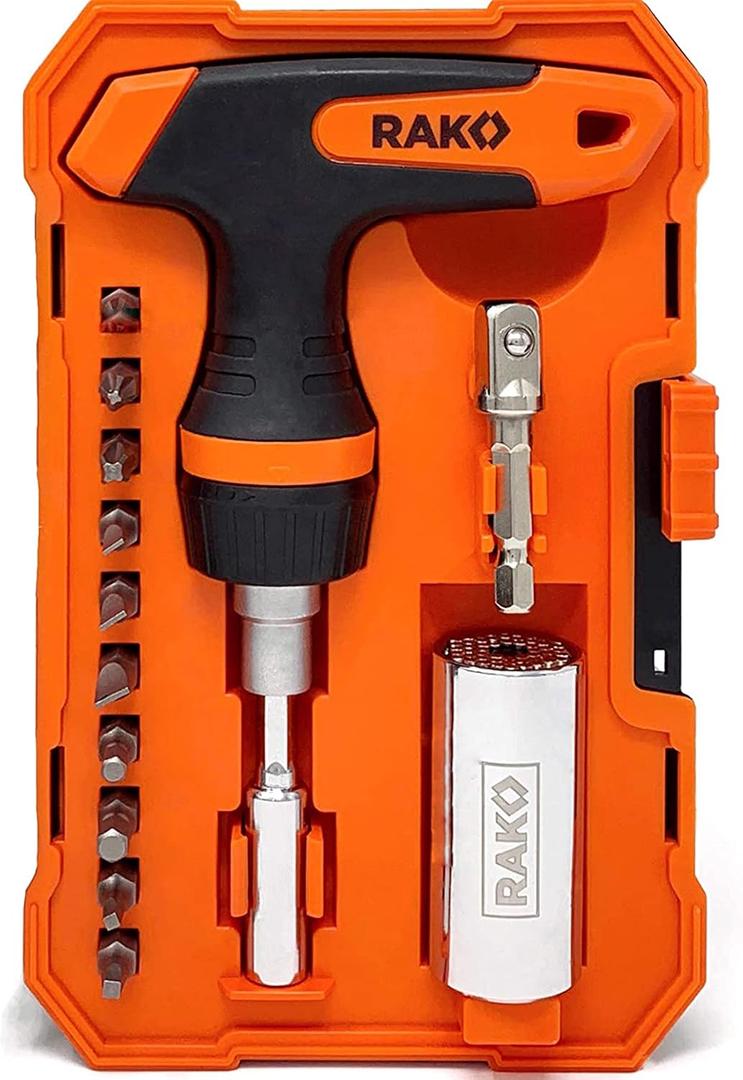 RAK Universal Socket Tool - Birthday Gifts for Men - Set of 15, 1/4-to-3/4-inch Wrench Grip, T-Handle Ratchet Driver, 10 Screwdriver Bits - Gifts for men, Husband, Handyman
