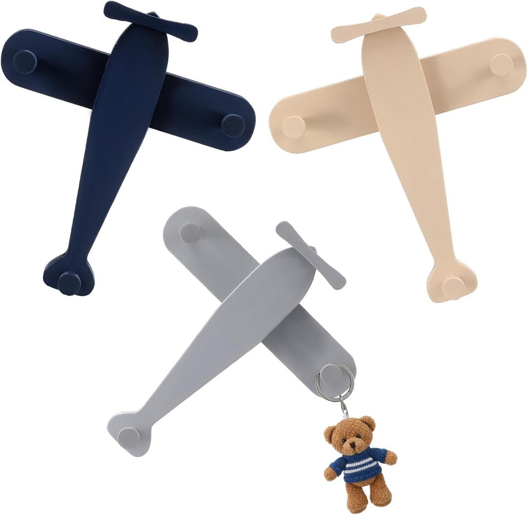 3 Pack Airplane Shaped Wall Coat Hooks Nursery Decor Wooden Airplane Decorative Cute Coat Rack Wall Mount Aviation Decor for Bedroom Living Room Office Entryway Door Nursery (Retro)