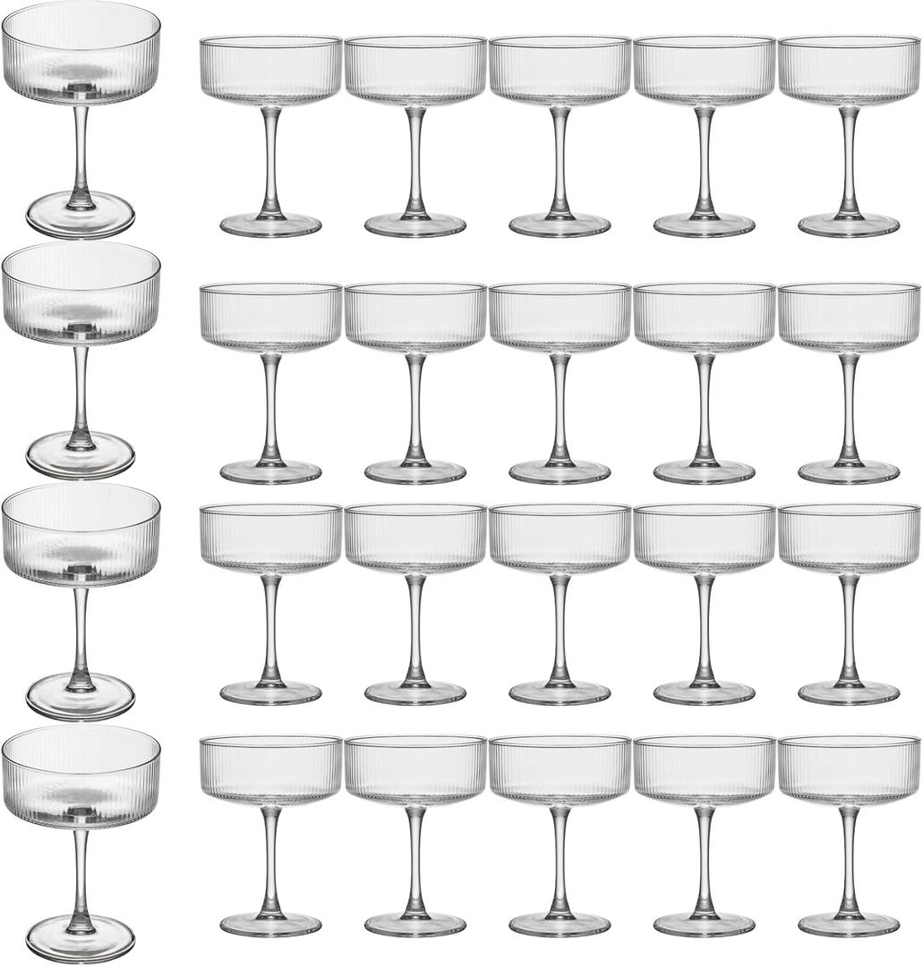 Martini Glasses Set of 24,Vintage Champagne Cocktails Glasses,10.5 Ounces Large Clear Ribbed Coupe Drinking Wine Glasses Goblet,Margarita Glasses for Bar,Dessert,Cocktail Glassware Gift Set Luxury