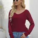 AISEW Womens Long/Short Sleeve V Neck T-Shirt Striped Sheer Mesh Raglan Tees Loose Casual Tops (Red, L)
