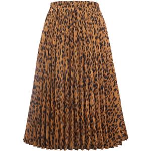 CHARTOU Womens Chic Elastic High Waisted A Line Leopard Print Pleated Shirring Midi-Long Skirt (Brown), XS