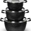 Granitestone Black Pots and Pans Set Nonstick, 6 Stackable Piece Cooking Pots Set, Kitchen Pots, Non Stick Coating, 5qt 3qt & 1.5qt Pots with Lids, Stay Cool Handles Dishwasher Safe 100% Toxin Free