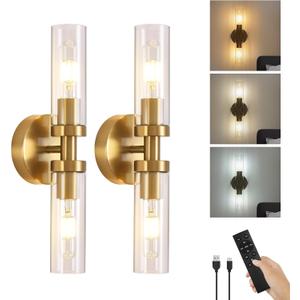 Battery Operated Wall Sconces Set of 2, 330 Rotation 3000K-6000K Dimmable Wireless Wall Sconce with Clear Glass Gold 10400mAh USB Rechargeable Wall Lights with Remote Bulbs Included 2 Pack