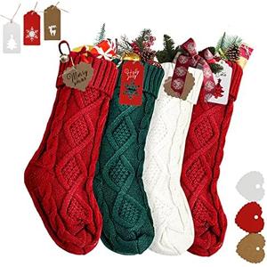 RFAQK 18 Inches Large Christmas Stockings 3 Pack - Burgundy Red, Ivory White, Green - Stretchable Knitted Xmas Stockings with 50Pcs Personalizeable Gift Tags for Family Holiday Christmas Décor
