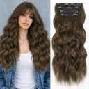 ALXNAN Clip in Long Wavy Synthetic Hair Extension 24 Inch Light Chestnut Brown 4PCS Thick Hairpieces Fiber Double Weft Hair for Women