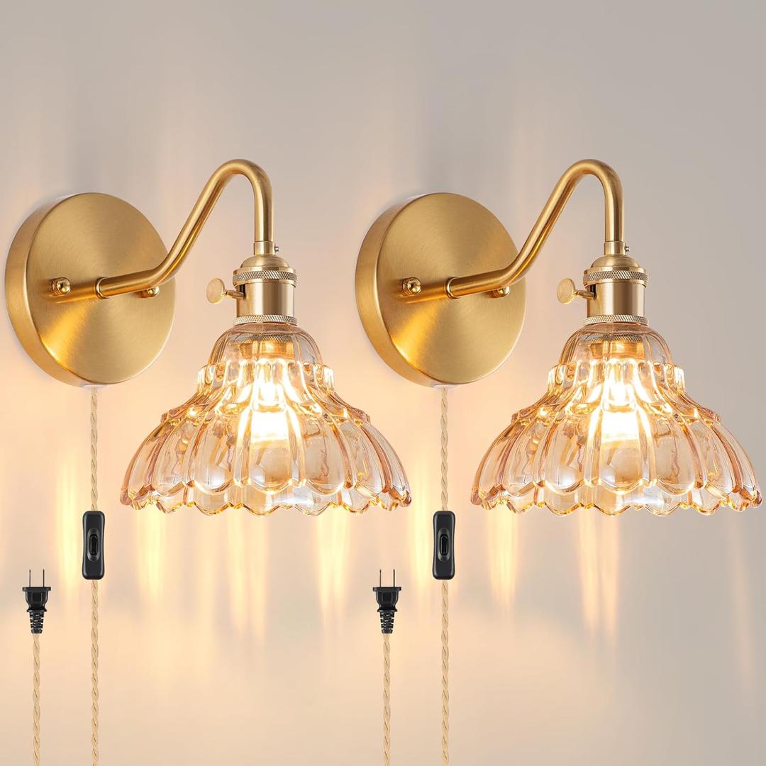 Plug-in Wall Sconce (Set of 2), Vintage Wall Decorative Lamp with Amber Glass Shade, Indoor Brass Plug-in Wall Sconce for Bedroom, Living Room, Bathroom, Hallway