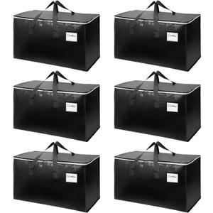 6-Pack Extra-Large Heavy-Duty Moving Bags with Reinforced Handles, Durable Zippers & Waterproof Material  Perfect for Space-Saving, Storage, Shipping and Travel (Black)