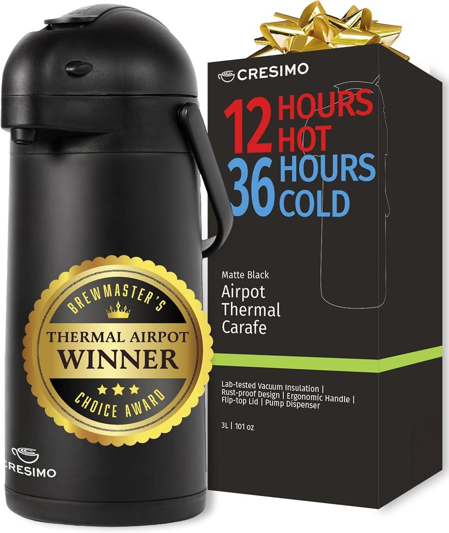 Airpot Coffee Dispenser With Pump, Black - 12 Hours Hot Water Dispenser with Pump, 36 Hours Cold - Coffee Thermal Carafe for Hot Drinks, Tea Flask for Beverages -Large Carafe w/ One-Handed Dispensing (102 Ounces)