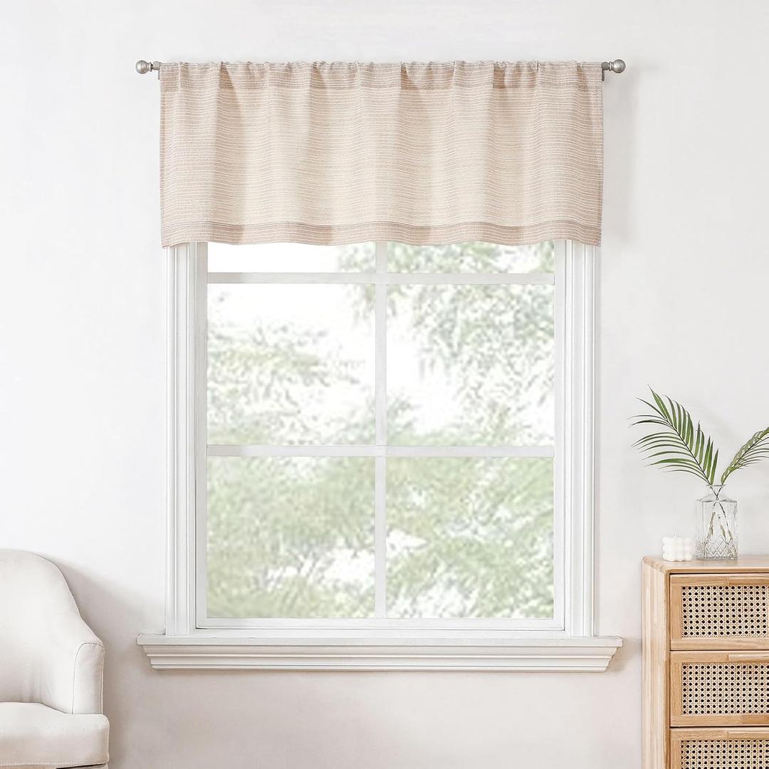 Valea Home Chenile Stripe Linen Valance for Kitchen Rod Pocket Rustic Farmhouse Window Curtain Valances 18 inch Length for Bathroom Living Room, Natural, 1 Panel
