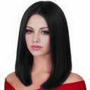 Rugelyss Natural Black Bob Wigs for Women with No Bangs Short Straight Wig with Middle Part 14 Inch Heat Resistant Synthetic Wig Daily Party Use