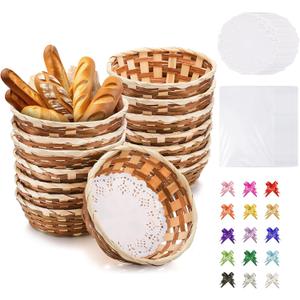 15Pcs Round Gift Baskets, Bamboo Small Bread Fruit Baskets,Woven Bread Roll Baskets with Gift Bags Ribbons Deli Paper Sheets,Food Serving Storage Baskets for Kitchen Restaurant Display Decor