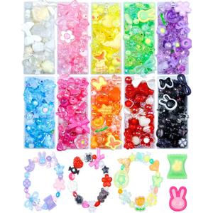 750PCS FIVEIZERO Assorted Acrylic Beads for Bracelet Making, Flower Star Heart Butterfly Candy Gummy Bear Kawaii Aesthetic Cute Beads for Jewelry Making, Keychains, Necklace, Phone Charms, DIY Crafts (10 Colors Bracelet Making Kit)