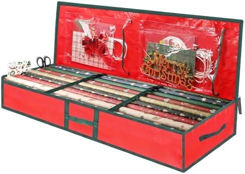 EMOMAS Christmas Gift Wrapping Paper Organizer Storage Bags,Plastic Container for Holiday Supplies & Accessories, Gift Bag Organizer, Under Bed Wrapping Paper Storage (Red)