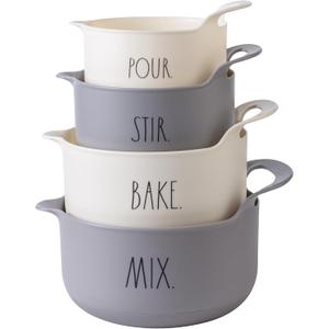 Rae Dunn Non-Slip Mixing Bowls - 4 Piece Nesting Plastic Mixing Bowl Set with Pour Spouts and Handles-Measurement Markings (Grey) (Gray)