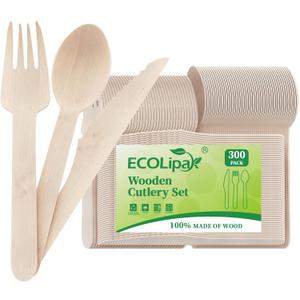 ECOLipak 300 Count Disposable Wooden Cutlery Set, 100 Knives, Forks and Spoons each, Splinter-Free Compostable Wooden Disposable Utensils for Party, Camping, Traveling, Family Dinners