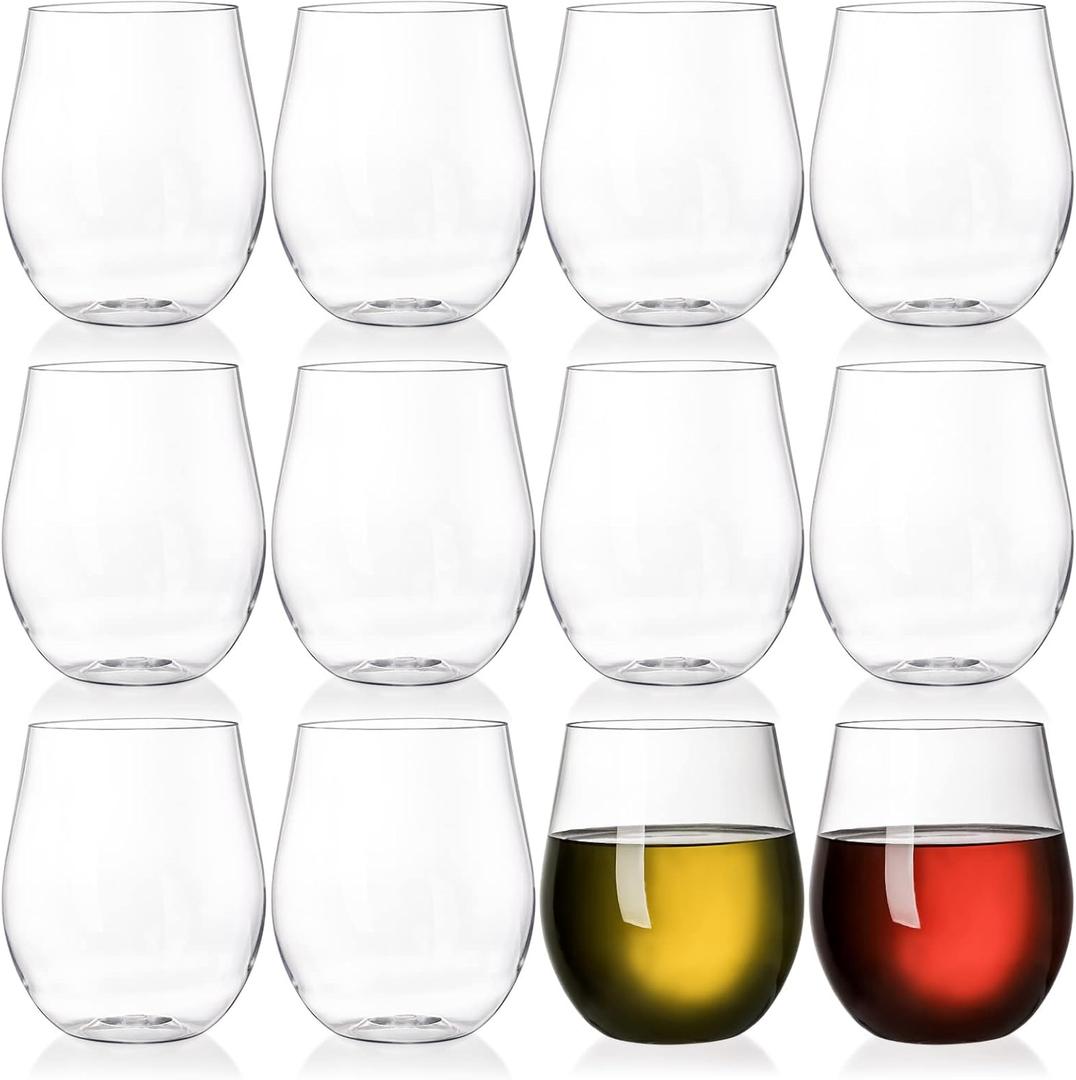 Tebery 12 Pack Unbreakable Plastic Glasses Stemless, 20 Oz Heavy Duty Clear Drinking Glasses Cups, Disposable & Reusable for Champagne, Dessert, Food Samples, Catering, Weddings
