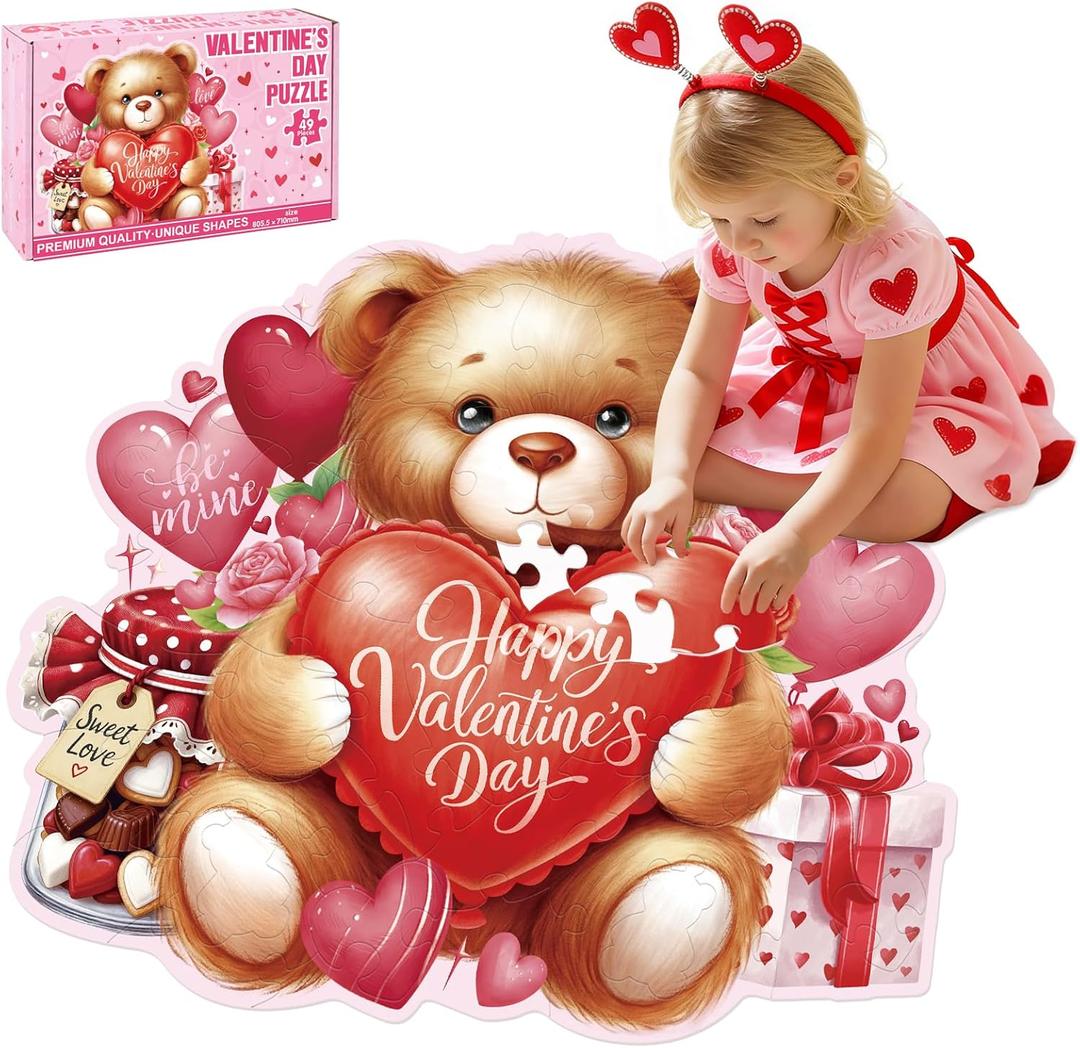 Valentines Day Puzzles with 49 Large Pieces - Happy Valentine's Day Shaped Floor Puzzle for Party Decorations, Gifts, and Classroom Activities