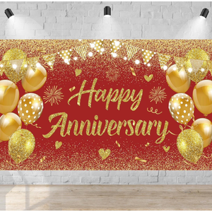 Blue Happy Anniversary Backdrop,6x3.6ft Blue and Gold Happy Wedding Anniversary Party Banner Decorations Supplies Photo Booth Props