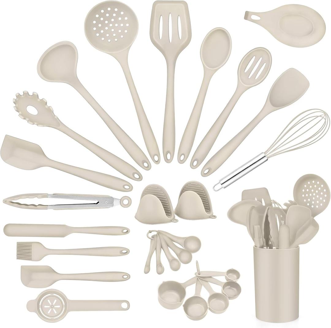 P&P CHEF Kitchen Utensils Silicone Cooking Utensil Set, 28Pcs Baking Utensils Spatulas with Holder, Heat-resistant & Non Toxic, Non-stick & Dishwasher Safe, Khaki