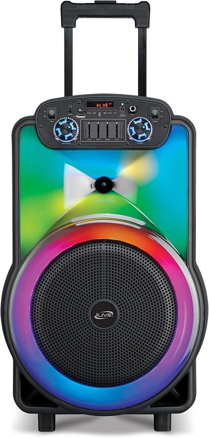 iLive The Show Bluetooth Wireless Party Speaker System, Truly Wireless Stereo, Aux In USB Port, MicroSD Slot, Microphone Input, Color Changing LED Lights, Retractable Pull Handle, Roller Wheels, Black