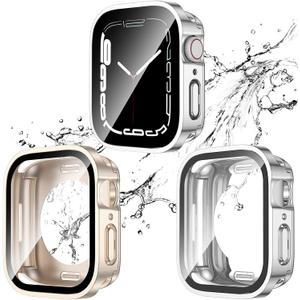 2 Pack 2 in 1 Waterproof Case for Apple watch Series 9 8 7 41mm, Straight Edge PC Front & Back Bumper with Tempered Glass Screen Protector 360 Protective Cover for iWatch (41mm, Starlight/Silver)