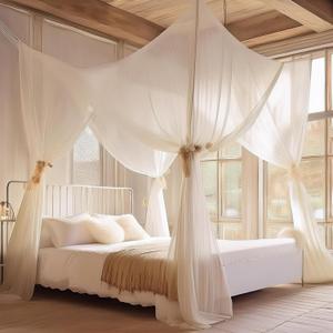 lazyzzz Canopy for Bed 4 Corner White Canopy Bed Curtains, Mosquito Net Bed Canopy for Queen/King Bed, Bedroom Decor Drapes Indoor Outdoor Room Decor Mosquito Netting