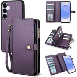 TwoHead for Samsung Galaxy S25 Wallet Case with Card Holder, Detachable Magnetic Phone Case for S25,PU Leather All-Round Protective Phone Case Wallet with Wrist Strap(6.2 in,Deep Purple)