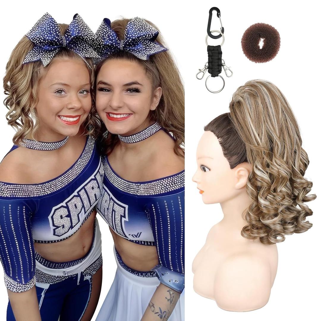 SEIKEA Cheer Ponytail Hair Piece, 14" Curly Cheerleader Hairpiece Ponytail Extension for Cheerleader Competition, Dance White Blonde with Ash Brown Highlights