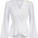 Cosonsen Women's Dress Deep V-Neck Long Sleeve Waist Tie Ruffle Mini Swing Skater Dresses, Medium, White