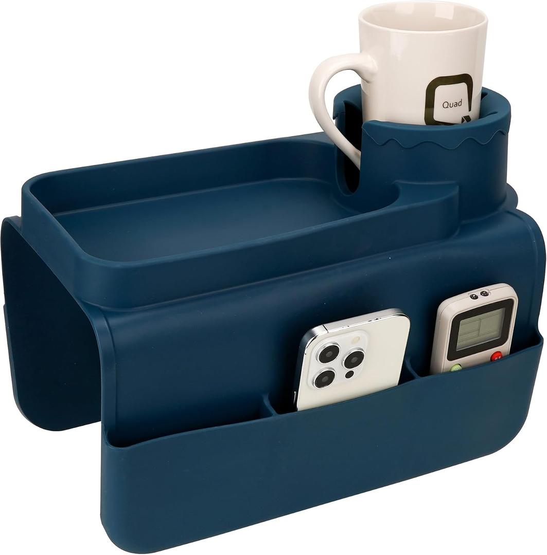 Silicone Couch Caddy for Wide Arms (6-12") with Cup Holder & Deep Sofa Remote Pockets - Anti-Slip Couch Arm Tray Table for Drinks, Phone, Snacks - Living Room Organizer (Blue)