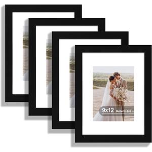 Hongkee 9x12 Picture Frame Set of 4, Made of Real Glass and Rustic Black Frame - Display Picture 6x8 with Mat or 9 x 12 Without Mat, 9 by 12 Photo for Wall or Tabletop