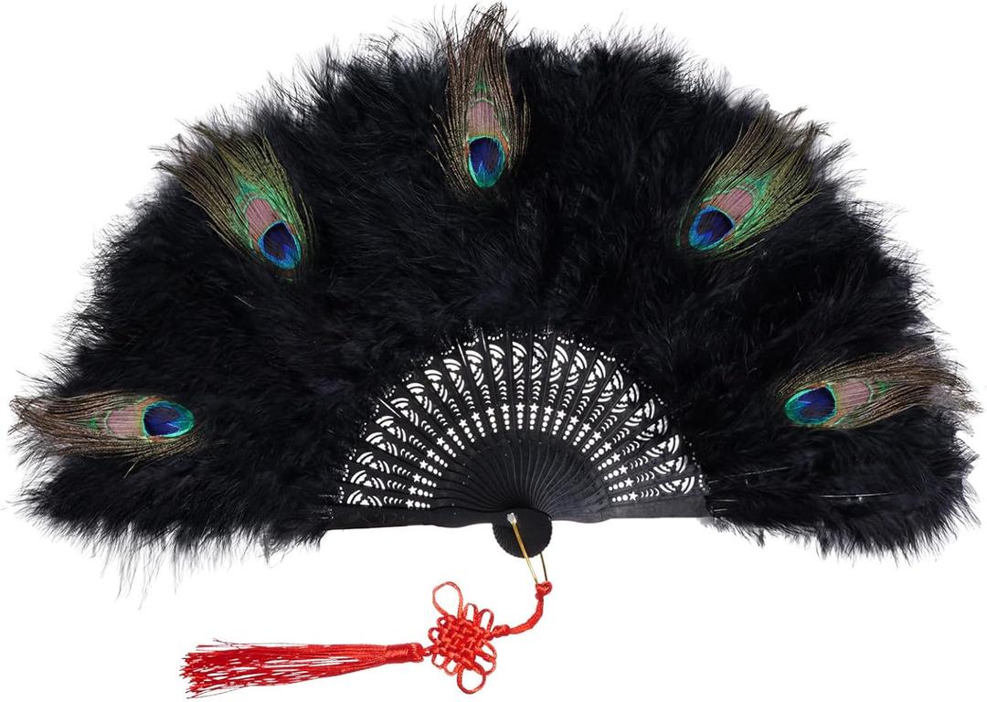 Yolyoo Vintage Marabou Feather Hand Fan Peacock Folding Handheld Fan for Halloween Cosplay 1920s Party Dancing Flapper (Black)