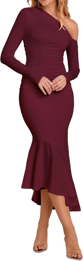 Parthea Women One Shoulder Long Sleeve Ruched Bodycon Midi Dress Fall Wedding Guest Elegant Cocktail Party Gown (Large, Wine)