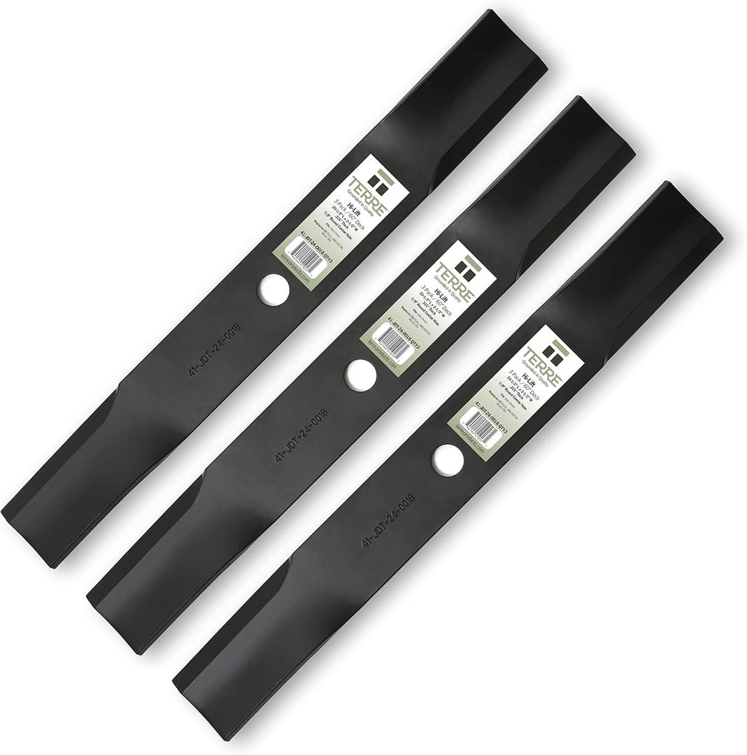 Terre Products, 3 Pack High Lift Lawn Mower Blades, 60 Inch Decks, Compatible with John Deere 160, 260, 400, 420, 430, 655, 755, 855, 4010, and More, Replacement for AM100538, M141785, M87622