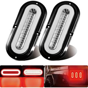 2pcs 6" inch Clear Lens Oval Red 52 LEDs Trailer Lights w/Flange Surface Mount Halo LED Brake Stop Turn Running Tail Lights【Patented】 Submersible IP67 for Boat Truck/RV/Van, DC 12V