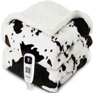 Heated Blanket Throw Blanket - Fast Heating Electric Blanket, Soft Flannel Heated Throw with 4 Time Settings, 10 Heating Settings, Warm Gifts for Women & Mom & Grandma(50"x60"Cow Print White)