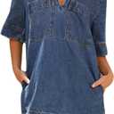 chouyatou Women's Summer Loose Fit V-Neck Sexy Mini Denim Dress Cute Jean Tunic Dress with Pockets (S)
