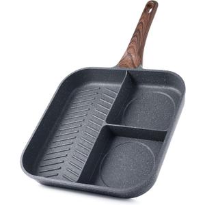 Sensarte Nonstick 11-Inch Square Grill Pan, 3-Section Versatile Breakfast Skillet, Die-cast Aluminum, PFOA, PFOS, APEO Free, Induction, Gas, Electric, Glass, Ceramic